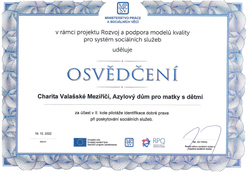 Certifik&aacute;t dobr&eacute; praxe pro Azylov&yacute; dům